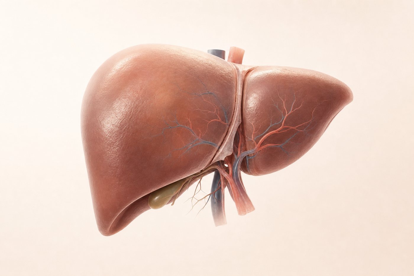 Ilustração anatômica do fígado, com a veia porta e as ramificações da artéria hepática